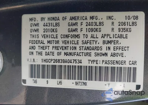 2009 Honda Accord 2.4 Ex-L z USA, uszkodzony, nr VIN 1HGCP26839A047534